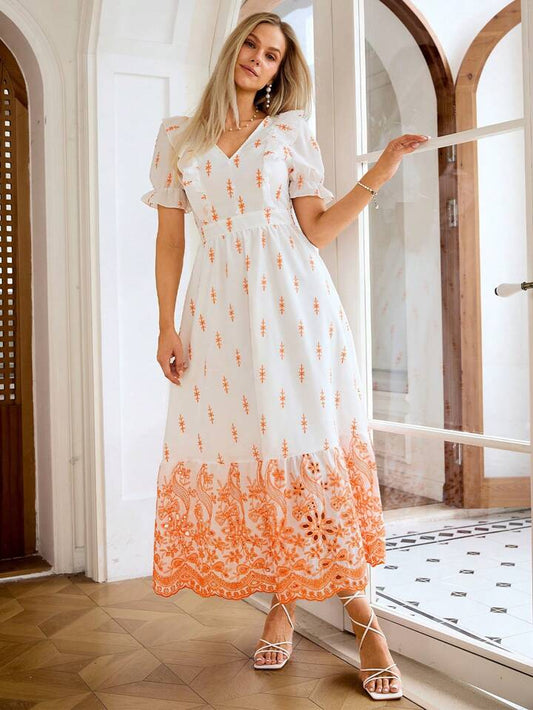 CM-DS838318 Women Elegant Seoul Style V-Neck Short Sleeve Floral Embroidered Dress