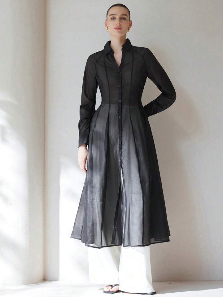 CM-TS697247 Women Casual Seoul Style Translucent Textured V-Neck Long Sleeve Gathered Waist Shirtdress - Black