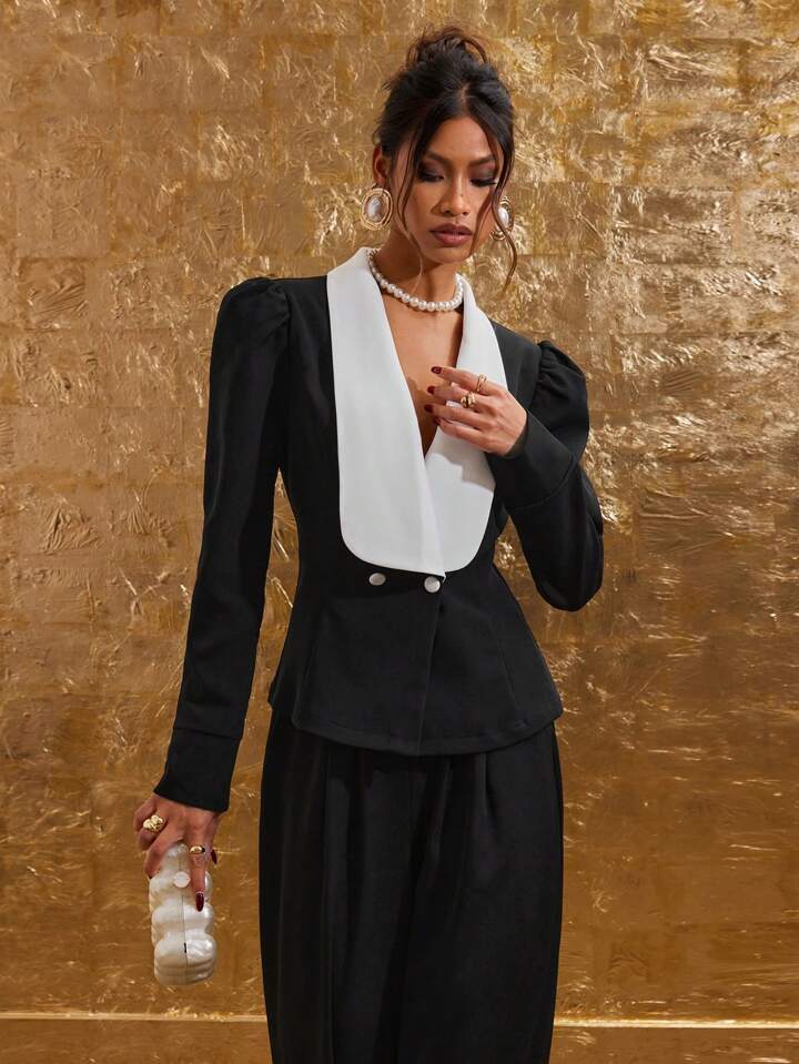 CM-TS016091 Women Elegant Seoul Style Contrast Color Double-Breasted Long Sleeve Shirt