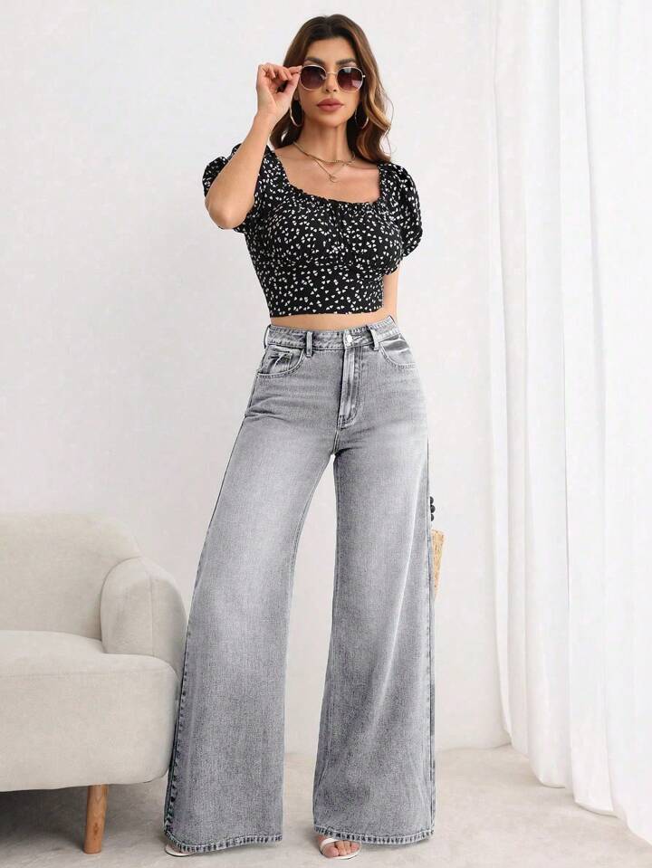 CM-BS639951 Women Elegant Seoul Style Button Front Pocket Loose Wide Leg Jeans - Light Gray