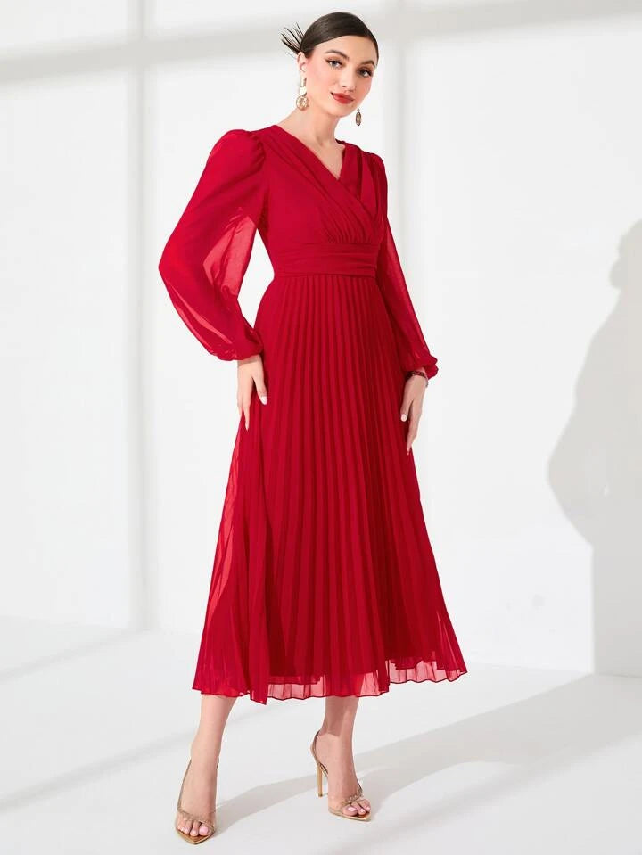 CM-DS747745 Women Elegant Seoul Style Surplice V-Neck High Waist Pleated Hem A-Line Dress - Red