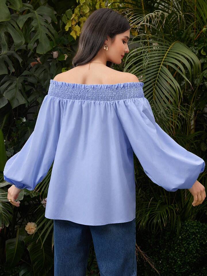 CM-TS936275 Women Casual Seoul Style Off Shoulder Lantern Sleeve Shirt - Blue