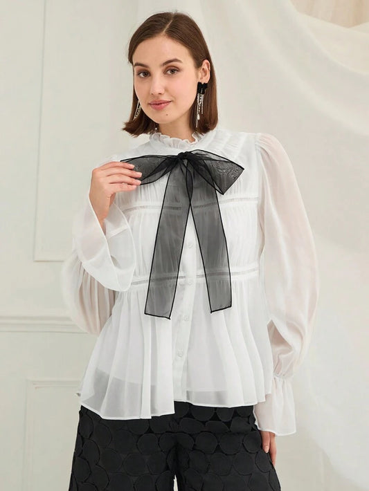CM-TS652588 Women Elegant Seoul Style Ruffled Collar Flared Sleeve Bow Decor Blouse - White