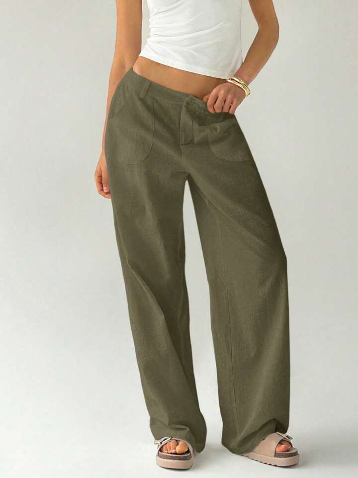 CM-BS270751 Women Casual Seoul Style Solid Color Low Waist Loose Straight Leg Pants - Army Green