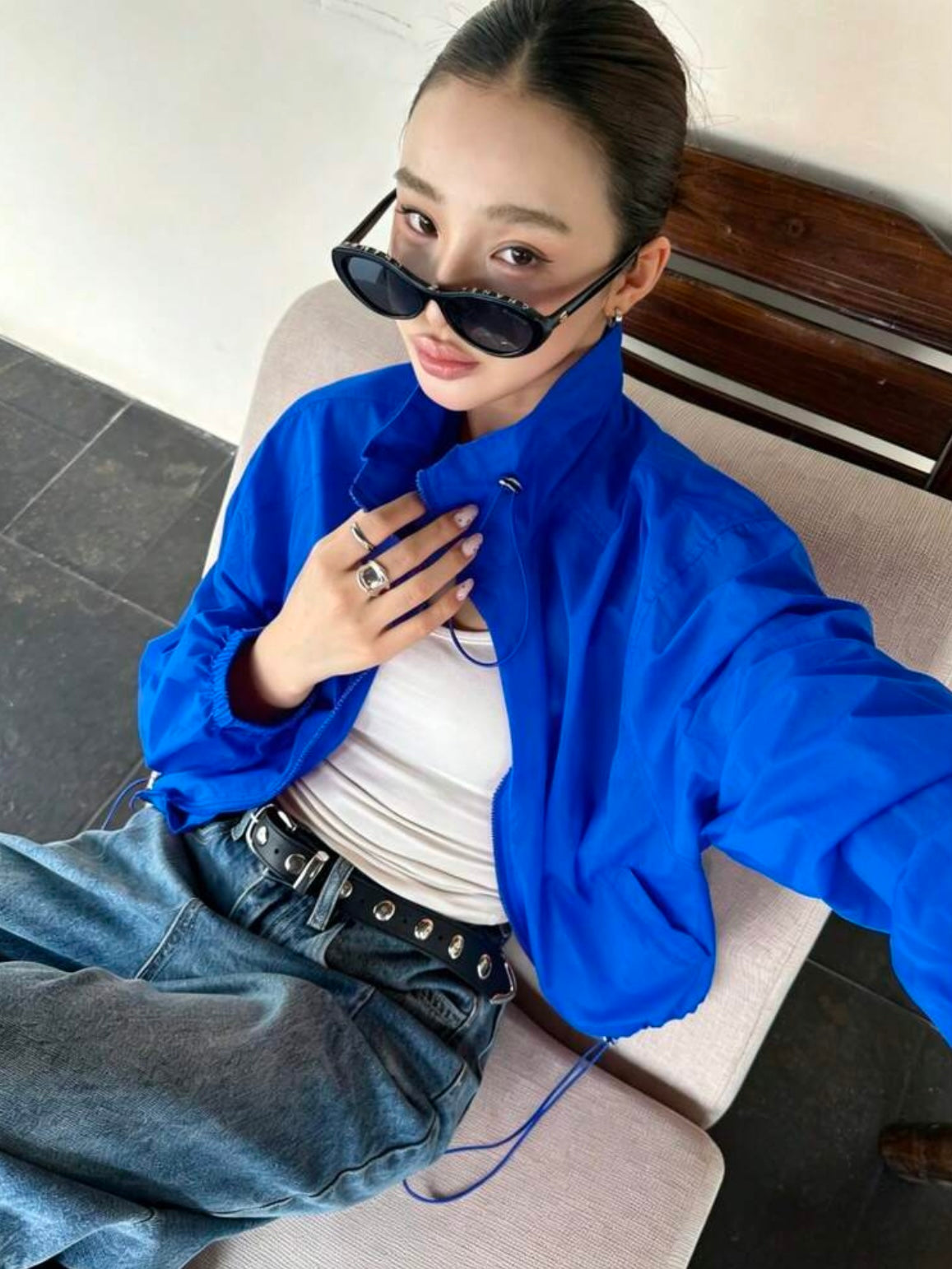 CM-CS788067 Women Casual Seoul Style Drawstring Collar Loose Fit Short Lightweight Jacket - Blue