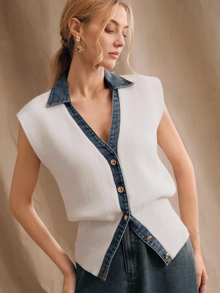 CM-TS751752 Women Casual Seoul Style Knitted Denim Patchwork Polo Collar Sweater Top - White