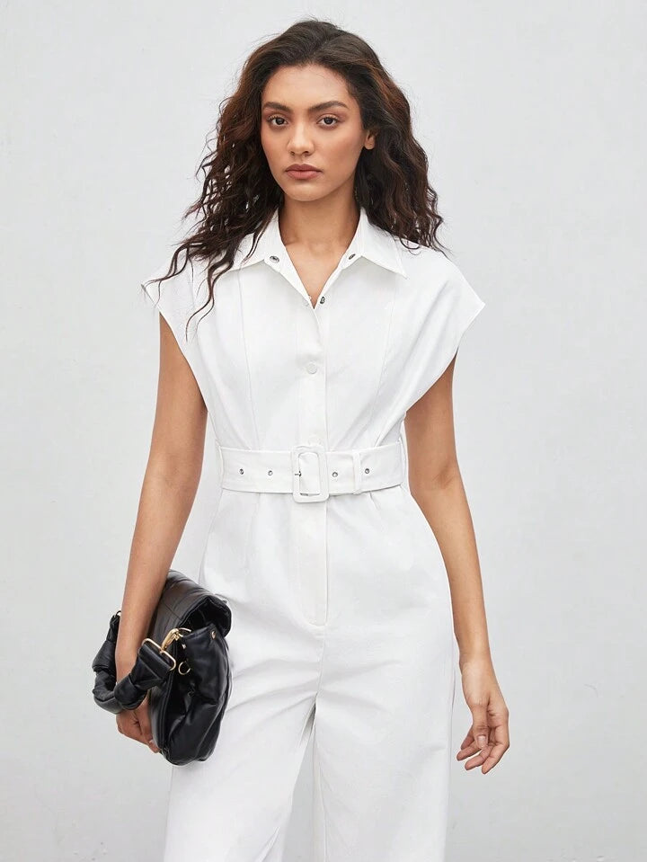 CM-TS574474 Women Elegant Seoul Style Collar Neckline Short Sleeve Belted Shirt Jumpsuit - White