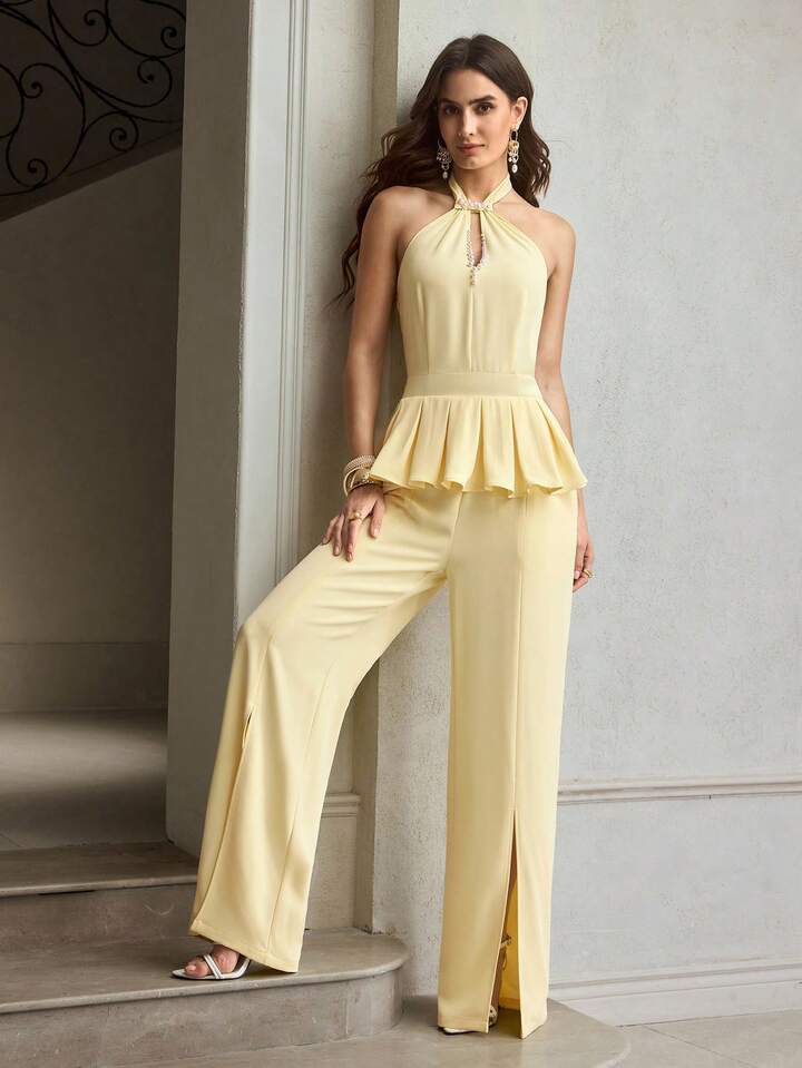 CM-JS319891 Women Elegant Seoul Style Beaded Halter Neckline Sleeveless Wide Leg Jumpsuit - Light Yellow