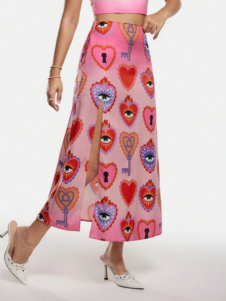 CM-BS741081 Women Casual Seoul Style Graphic All Over Print A-Line Midi Skirt