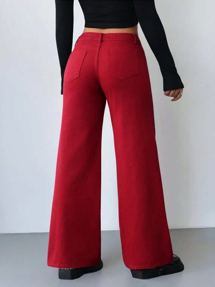 CM-BS522457 Women Casual Seoul Style Low Rise Jeans Dirty Vintage Wide Leg Jeans - Burgundy