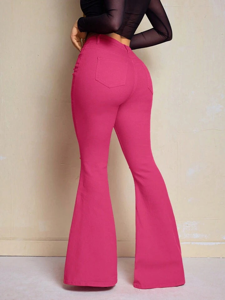 CM-BS440541 Women Casual Seoul Style Solid Color Frayed Hem Skinny Flared Jeans - Hot Pink