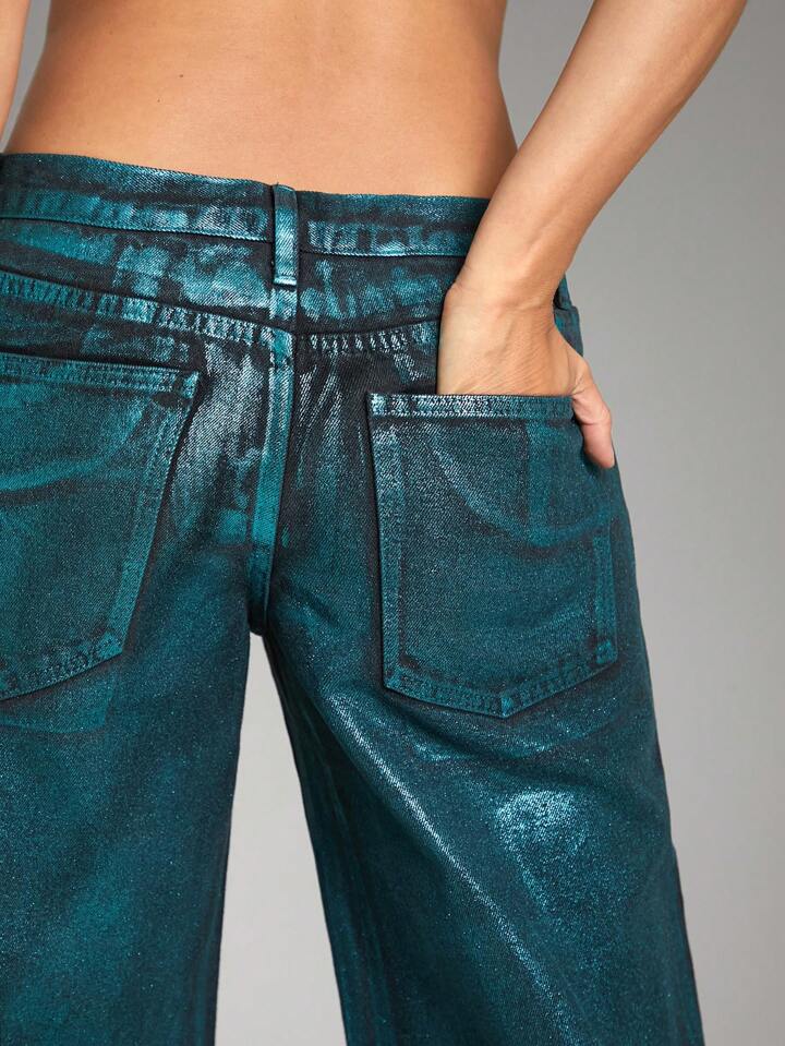 CM-BS043633 Women Casual Seoul Style Drop Waist Foil Low Rise Wide Leg Jeans - Green