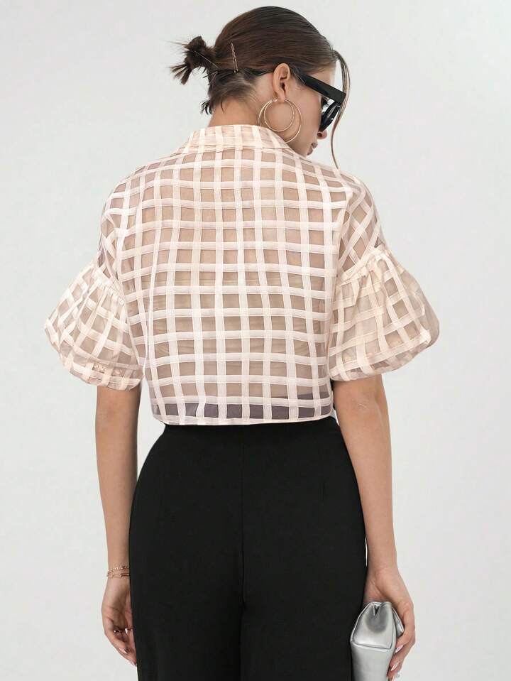 CM-TS615490 Women Casual Seoul Style Plaid Mesh Drop Shoulder Crop Shirt - Apricot