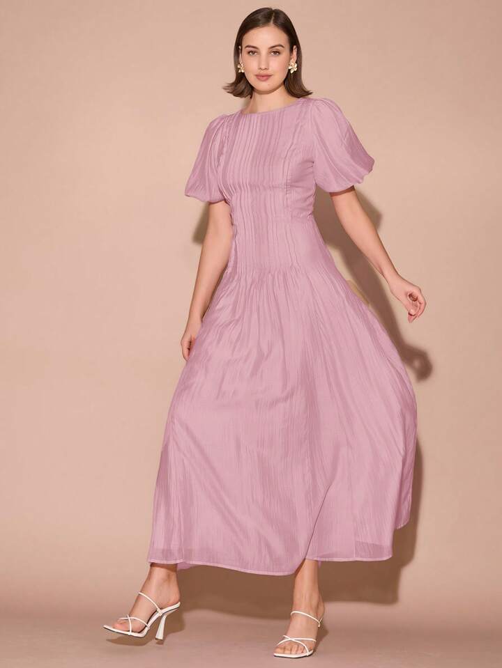 CM-DS126771 Women Elegant Seoul Style Round Neck Bubble Pleat Puff Long Sleeve Maxi Dress - Dusty Pink