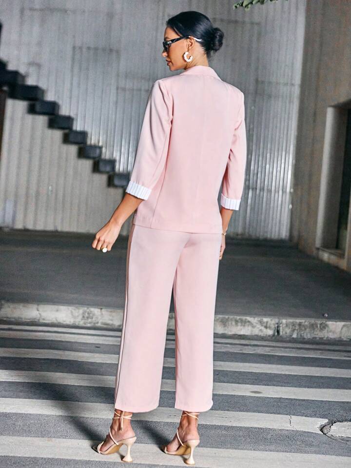 CM-SS822898 Women Elegant Seoul Style 3/4 Sleeve Lapel Blazer With Long Pants Suit - Pink