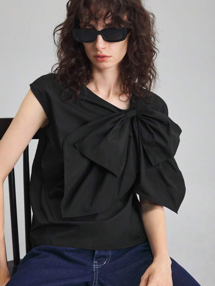 CM-TS225775 Women Casual Seoul Style Round Neck Batwing Sleeve Bow Decor Blouse - Black