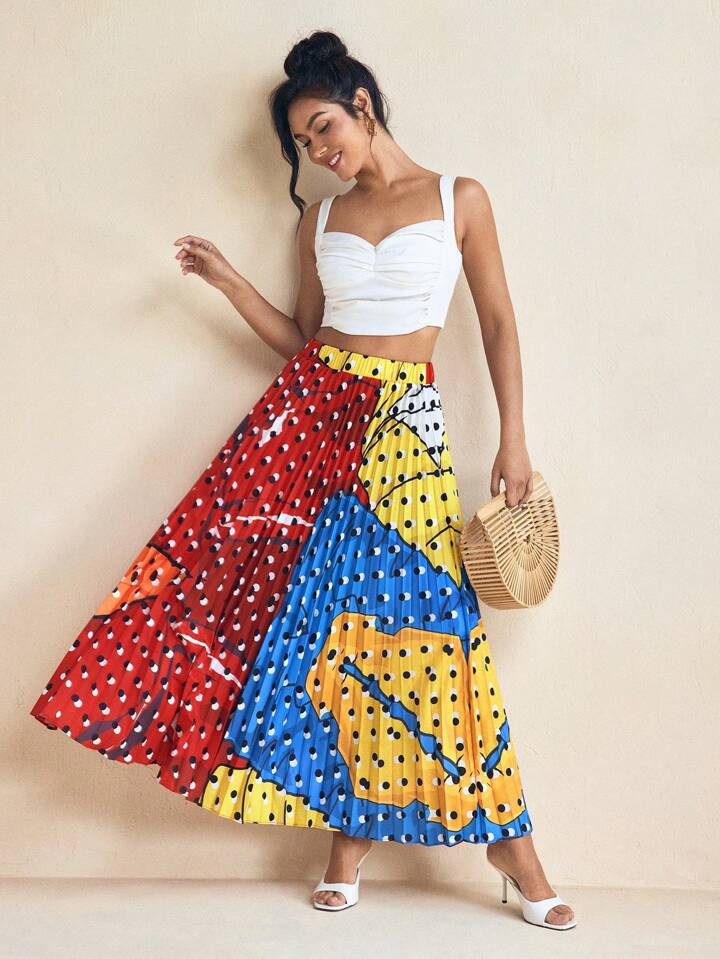 CM-BS924857 Women Elegant Seoul Style High Waist All-Over Print Geometric Pleated A-Line Skirt