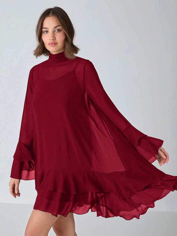 CM-DS336996 Women Elegant Seoul Style Solid Stand Collar Long Sleeve High Waist A-Line Dress - Burgundy