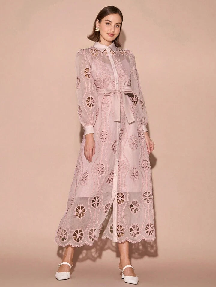 CM-DS831119 Women Elegant Seoul Style Collar Neckline Hollow-Out Embroidered Long Sleeve Maxi Dress - Pink