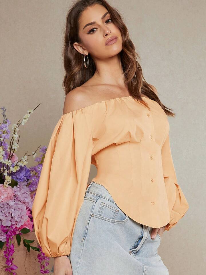 CM-TS109869 Women Elegant Seoul Style Off Shoulder Lantern Sleeve Blouse