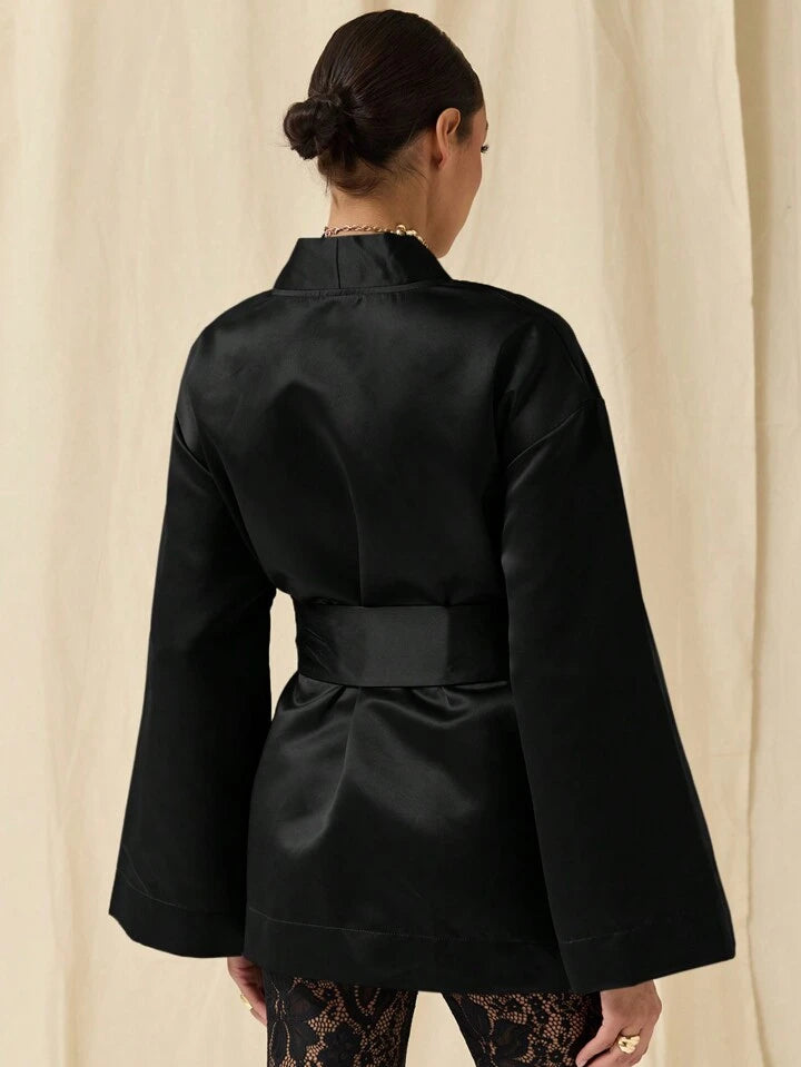 CM-DS774542 Women Elegant Seoul Style Solid Color Deep V-Neck Bell Sleeve Mini Dress - Black