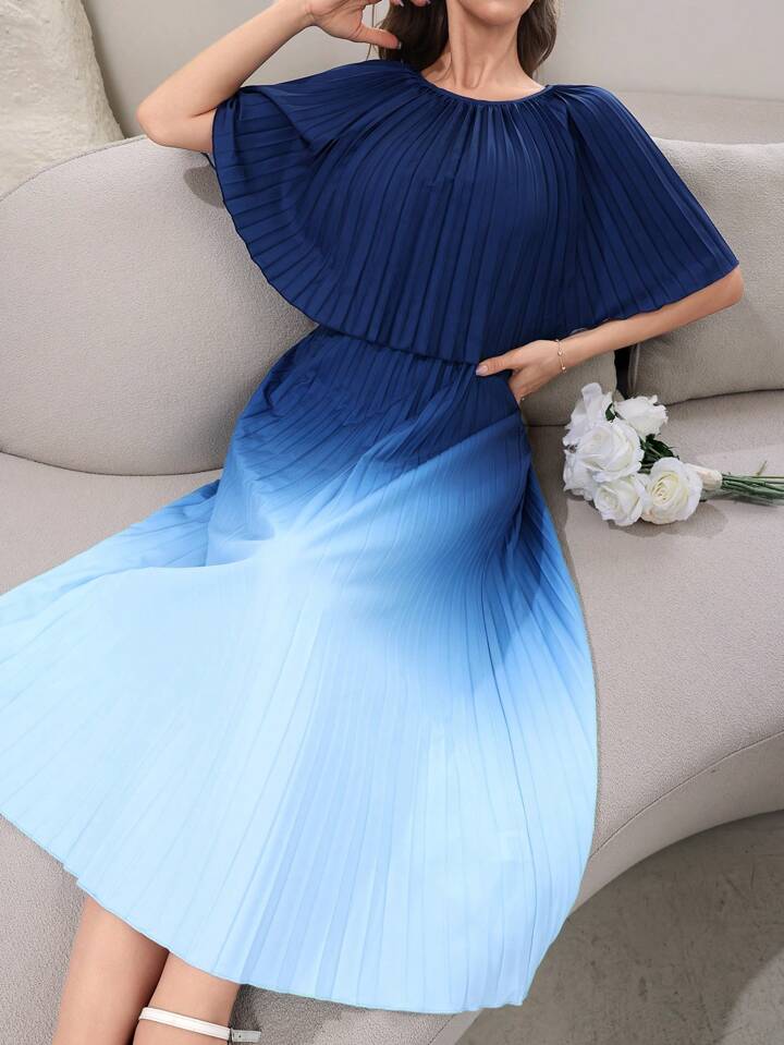 CM-DS550959 Women Elegant Seoul Style Gradient Color Pleated Round Neck Long Dress - Blue