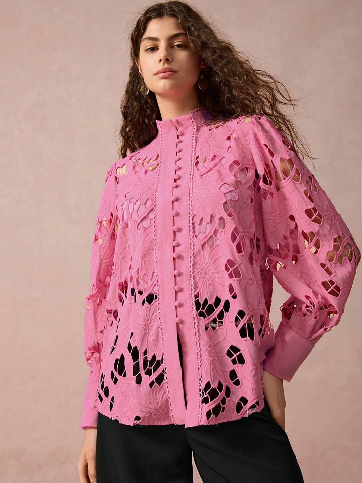 CM-TS490679 Women Elegant Seoul Style Embroidered Cutout Patchwork Stand Collar Button Front Shirt