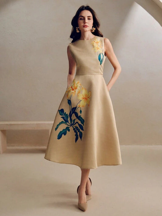 CM-DS861097 Women Elegant Seoul Style Round Neck Sleeveless Floral Print A-Line Dress - Khaki