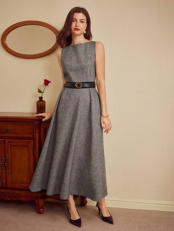 CM-DS511370 Women Elegant Seoul Style Fitted Boat Neck Sleeveless Sheath Belted Dress - Gray
