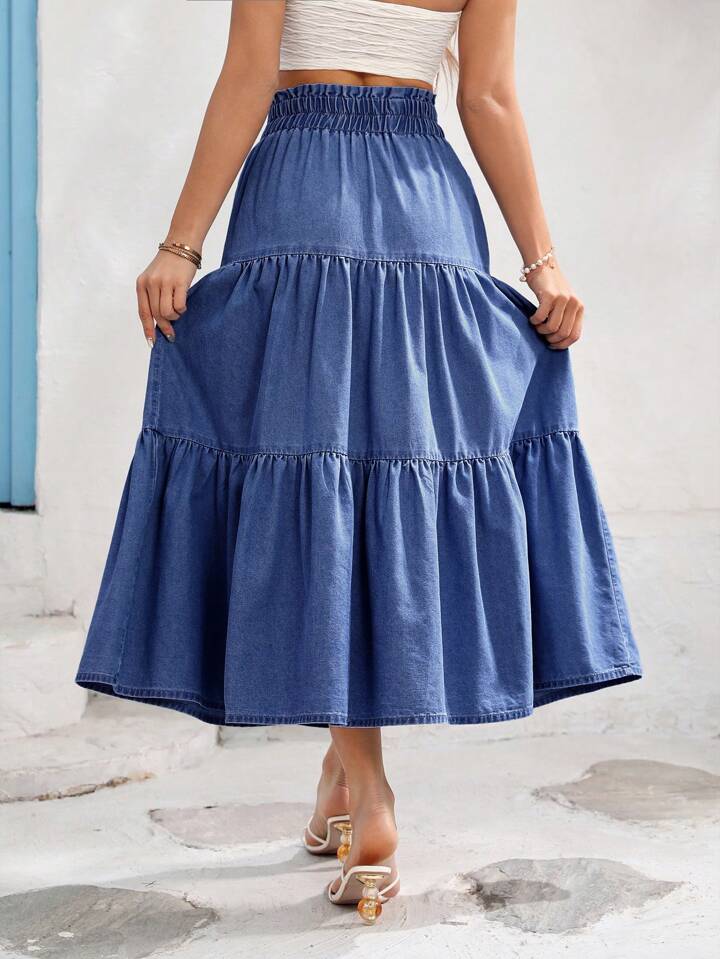 CM-BS586146 Women Casual Seoul Style High Waist Loose Fit Elastic Waist Denim Skirt - Blue