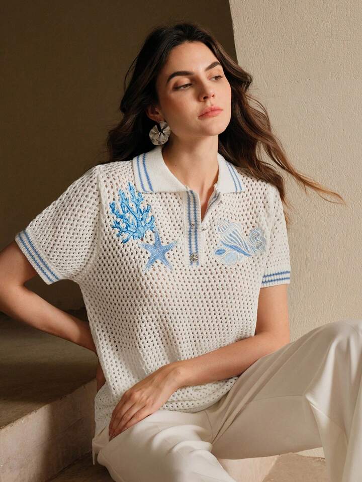CM-TS954610 Women Casual Seoul Style Starfish Embroidery Seashell Polo Neckline Short Sleeve Knit Top