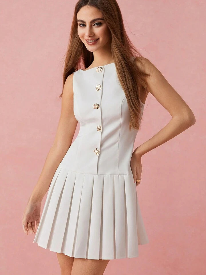 CM-DS155398 Women Elegant Seoul Style Metal Buttons Decor Pleated Hem Sleeveless Mini Dress - White