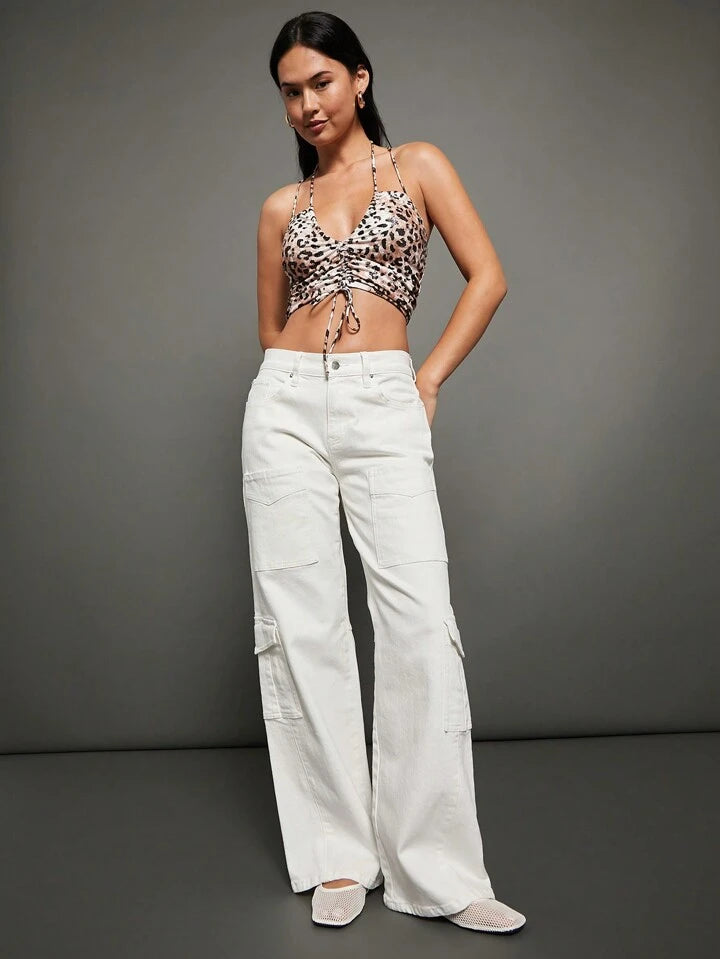 CM-BS703730 Women Casual Seoul Style Plain Zipper Fly Wide Leg Cargo Jeans - White