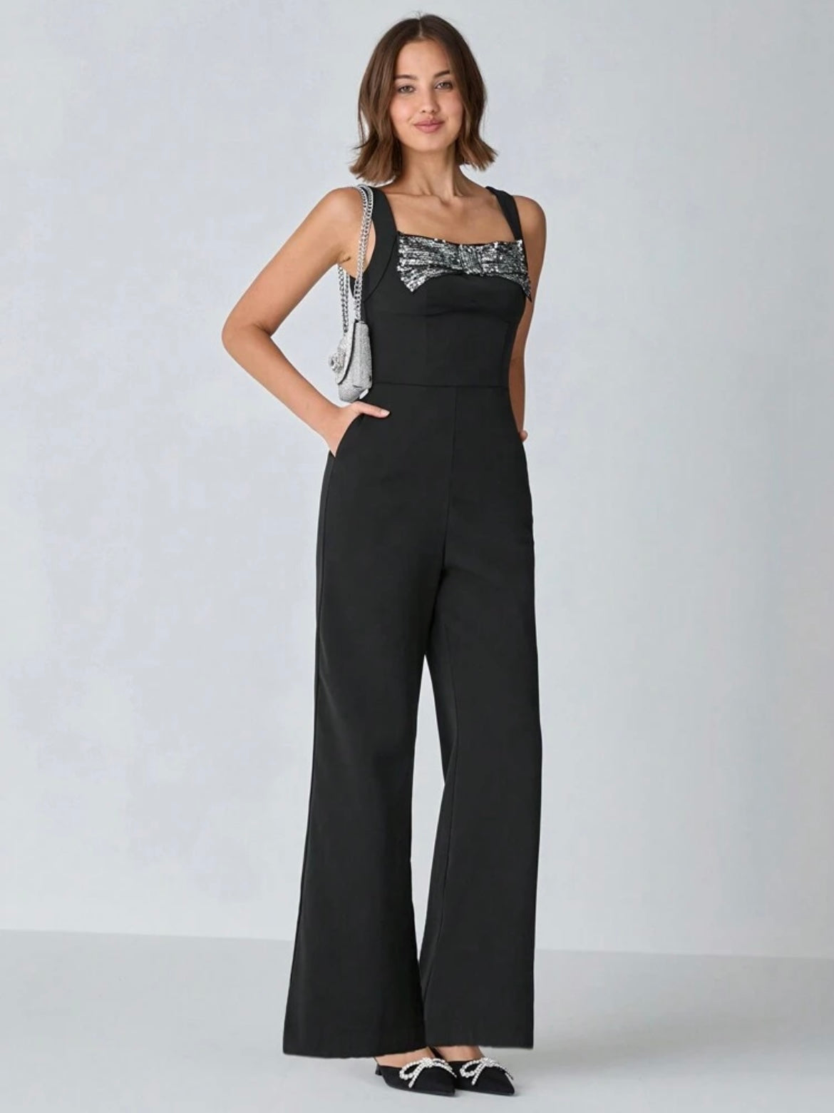 CM-JS432207 Women Elegant Seoul Style Sequin Bow Decorated Sleeveless Wide Leg Jumpsuit - Black