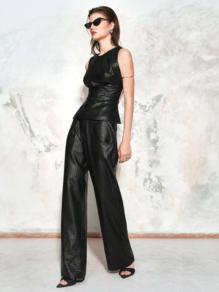 CM-BS364653 Women Elegant Seoul Style Elastic Waist Plaid Weave Versatile Faux Leather Pants - Black