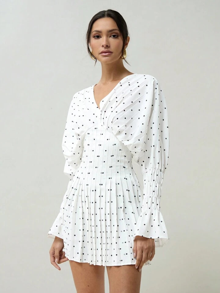 CM-DS010502 Women Elegant Seoul Style Polka Dot Printed Batwing Sleeve Pleated Waist Dress