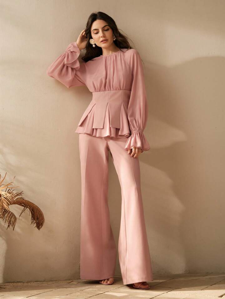 CM-SS484485 Women Elegant Seoul Style Round Neck Long Sleeve Chiffon Patchwork Blouse With Flared Leg Pants - Set