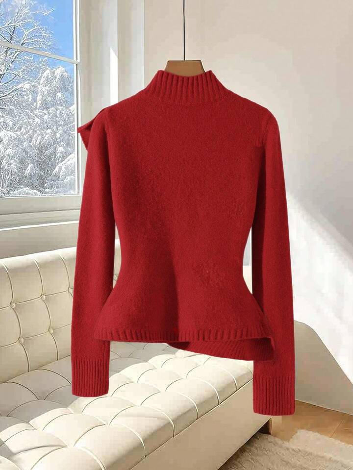 CM-CS950272 Women Elegant Seoul Style Solid Color Stand Collar Long Sleeve Ruffle Hem Sweater - Red