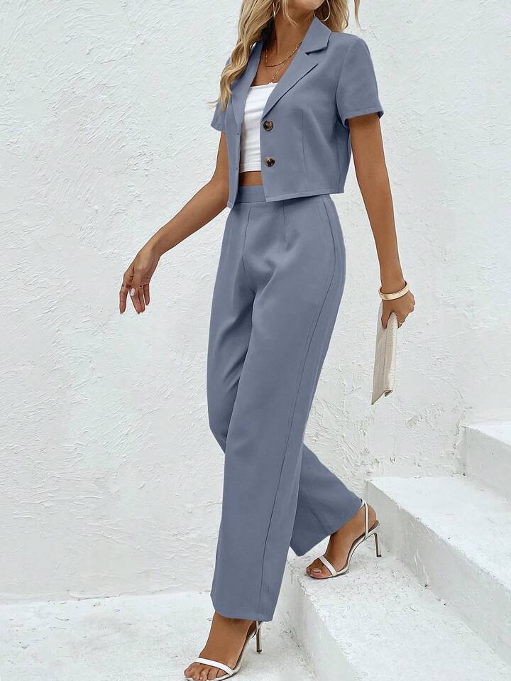 CM-SS179781 Women Elegant Seoul Style Lapel Short Sleeve Suit Jacket With Long Pants - Set