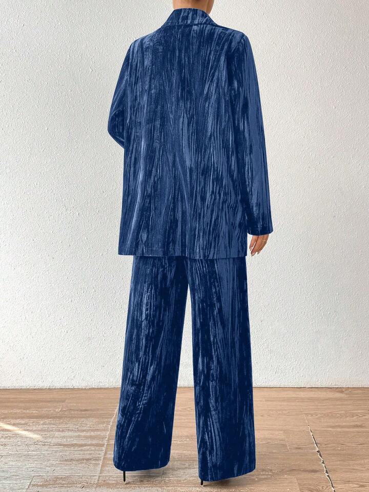 CM-SS621602 Women Elegant Seoul Style Stand Collar Long Sleeve Velvet Jacket With Straight Leg Pants Suit - Dusty Blue