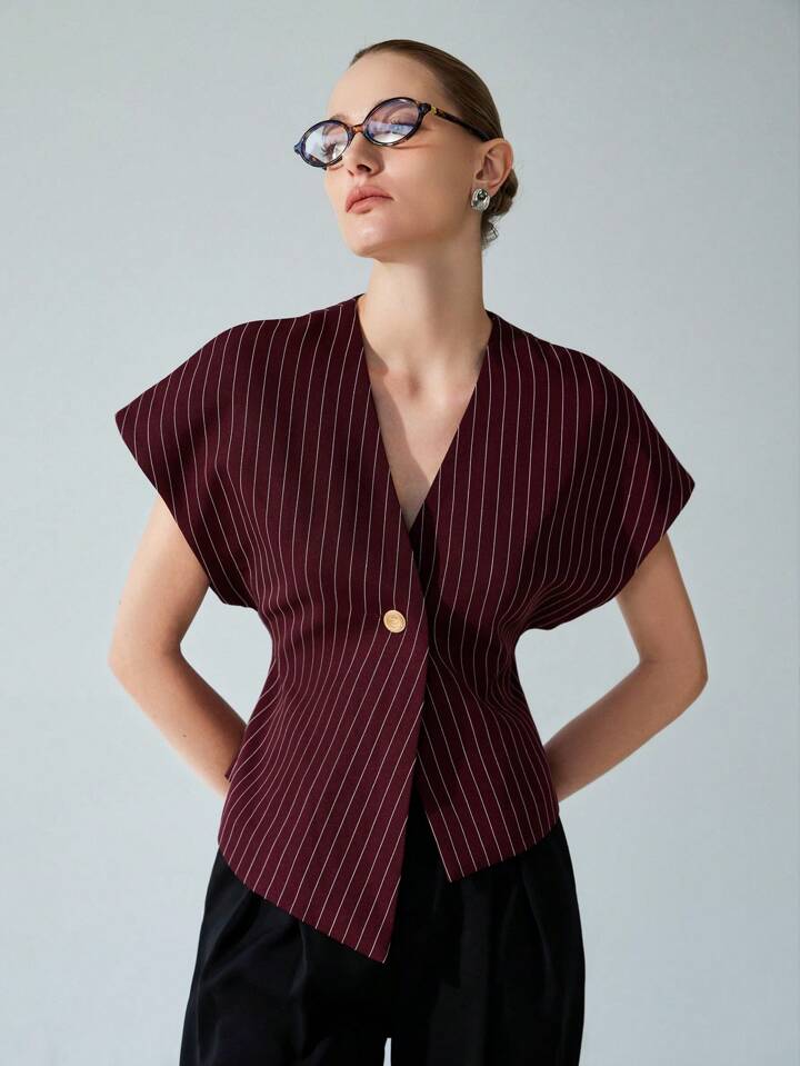 CM-TS166179 Women Casual Seoul Style V-Neck Open Front Asymmetrical Hemline Sleeveless Blouse