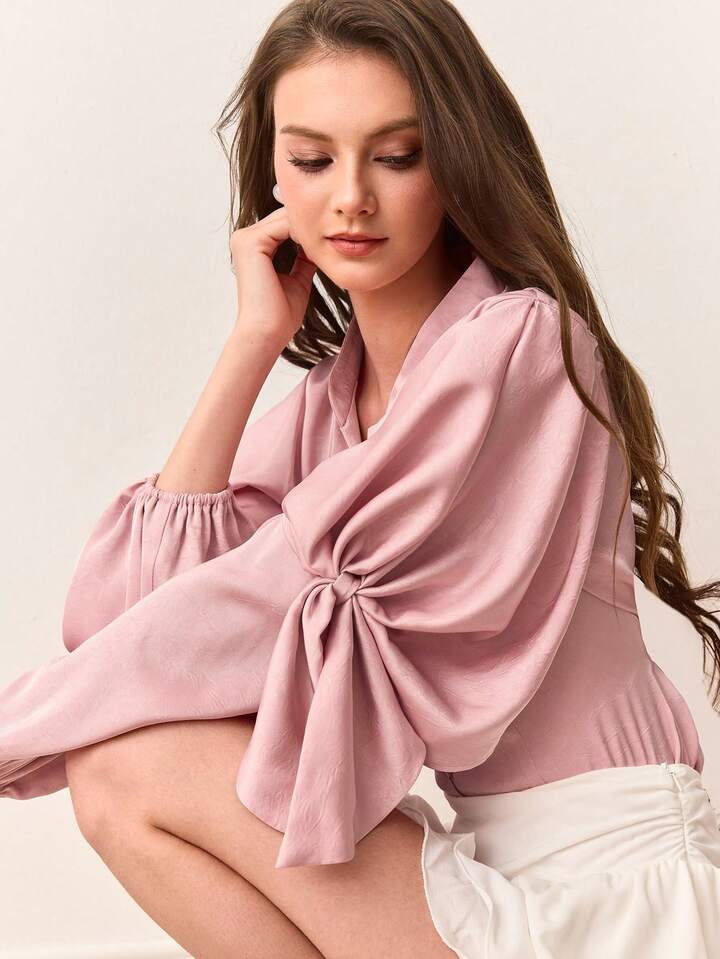 CM-TS111211 Women Elegant Seoul Style Satin Tie Front Long Puff Sleeve Oversized Blouse - Baby Pink