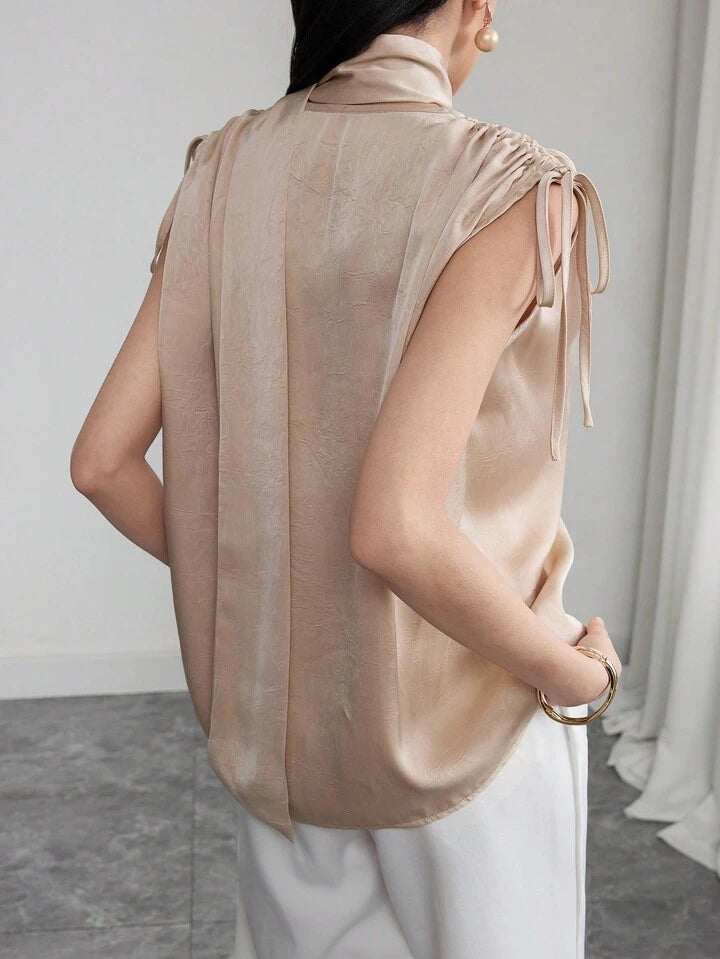 CM-TS690870 Women Elegant Seoul Style Solid Color Ruched Shoulder Tie Front Short Sleeve Blouse
