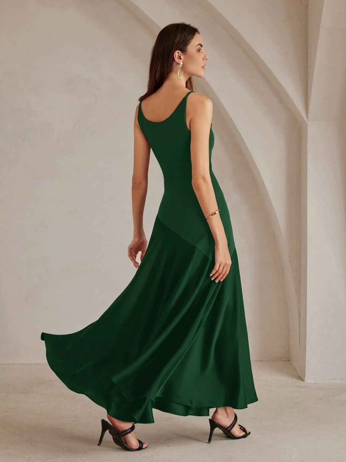 CM-DS289049 Women Elegant Seoul Style Solid Color Minimalist Spaghetti Strap Maxi A-Line Dress - Green
