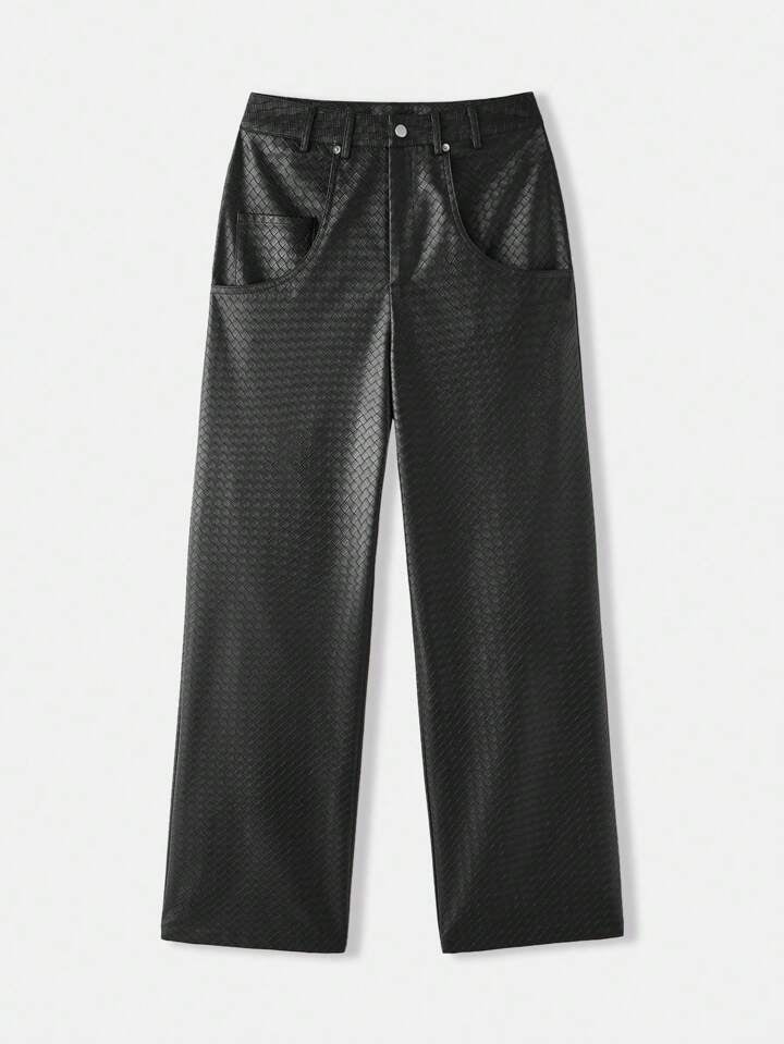 CM-BS364653 Women Elegant Seoul Style Elastic Waist Plaid Weave Versatile Faux Leather Pants - Black