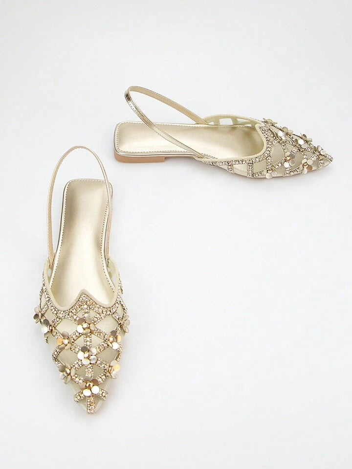 CM-SHS461111 Women Trendy Seoul Style Rhinestone And Rivet Embellished Floral Decor Pointed Toe Slingback Flat Sandals - Gold