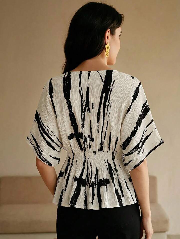 CM-TS534596 Women Elegant Seoul Style V-Neck Short Sleeve Ink Print Shirred Waist Blouse - Apricot