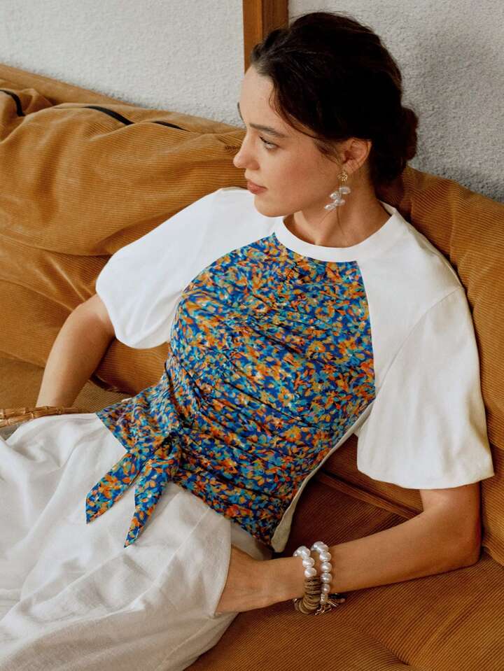 CM-TS240034 Women Casual Seoul Style Round Neck Floral Print Pachwork Puff Sleeve Bowknot T-Shirt