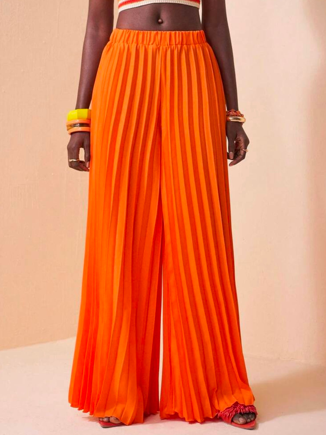 CM-BS882688 Women Trendy Bohemian Style Elastic Waist Pleated Large Hem Extra Long Wide Leg Pants - Orange
