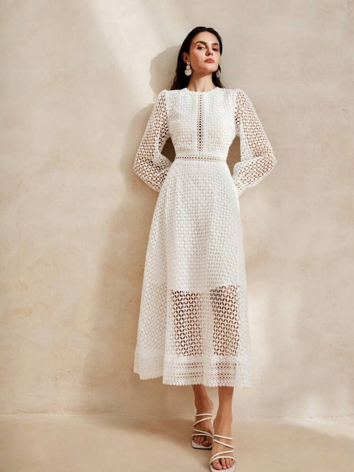 CM-DS007754 Women Elegant Seoul Style Round Neck Flounce Sleeve Floral Patchwork A-Line Dress - White